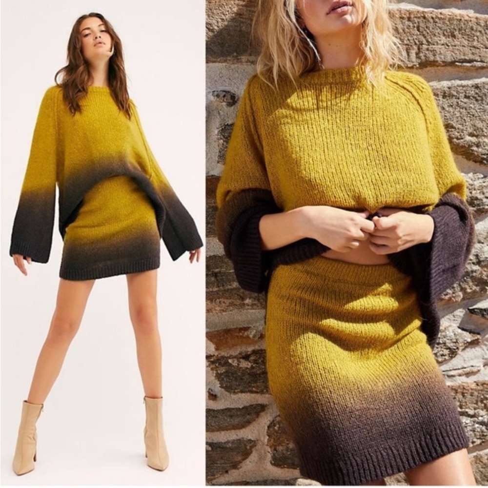 Free People Fade away skirt Wool Alpaca blend Ombre grannie elastic waist lined